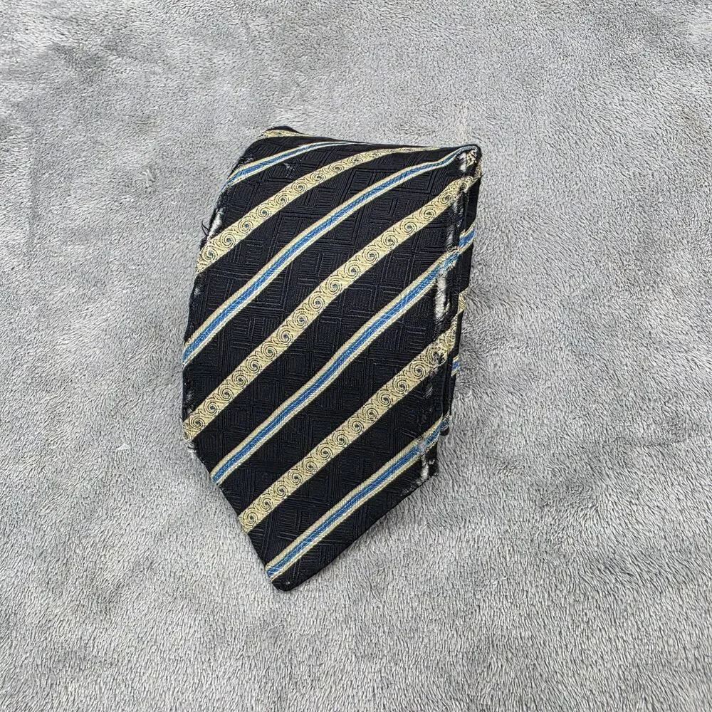 Brioni Men's Black With Yellow & Blue Stripes Silk Tie Flawed